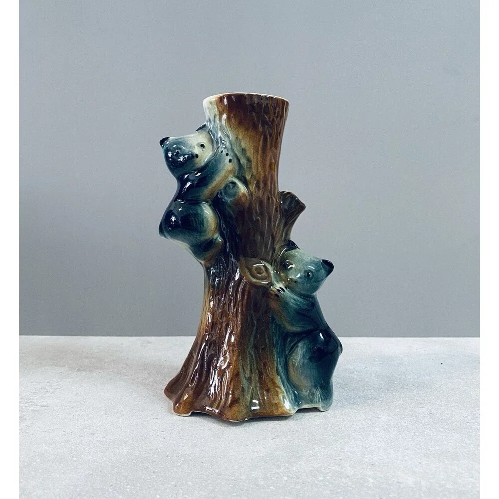 Vintage FREDERICKSBURG ART POTTERY Company Bear Cubs Hugging A Tree Bud Vase